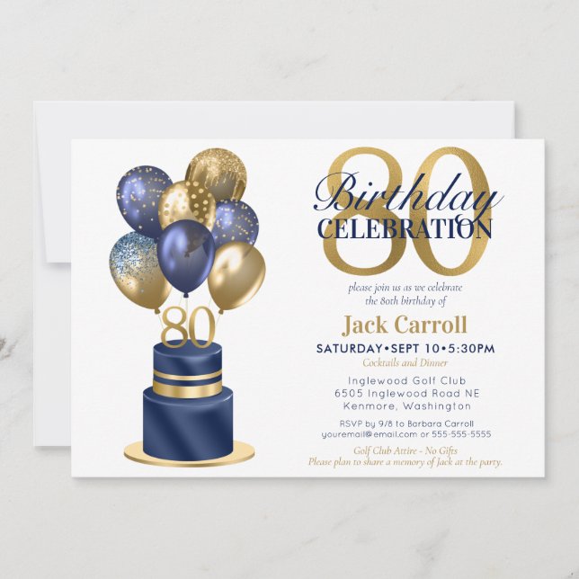 Invitación Torta De Globo Azul Marino Cumpleaños 80 (Anverso)