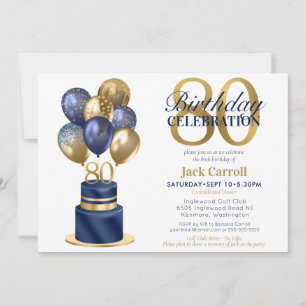 Invitación Torta De Globo Azul Marino Cumpleaños 80