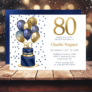 Invitación Torta De Globo Azul Marino Cumpleaños 80
