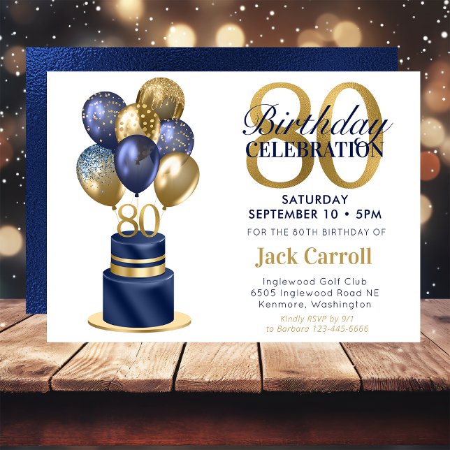 Invitación Torta De Globo Azul Marino Cumpleaños 80 (Subido por el creador)