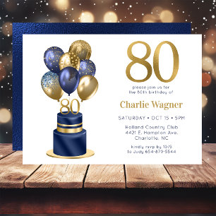 Invitación Torta De Globo Azul Marino Cumpleaños 80