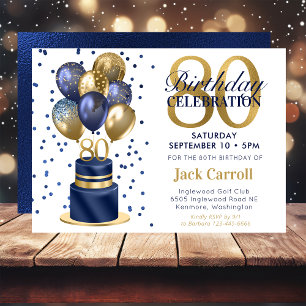 Invitación Torta De Globo Azul Marino Cumpleaños 80