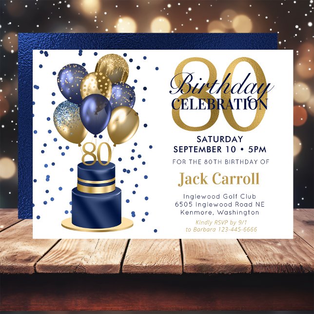Invitación Torta De Globo Azul Marino Cumpleaños 80 (Subido por el creador)