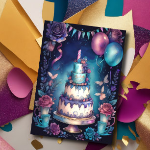 Invitación Torta de globos de cumpleaños con acuarela azul ma