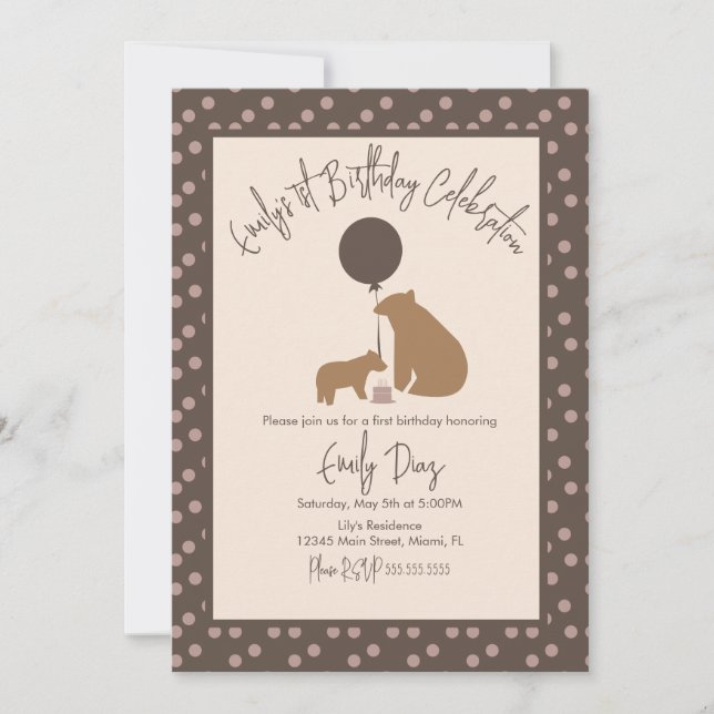 Invitación Torta de globos de osos pardos Cumpleaños del prim (Anverso)