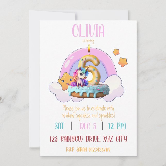 Invitación Torta de la 6ª fiesta de cumpleaños de Rainbow Uni (Anverso)