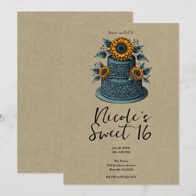 Invitación Torta de Niveles de Girasol Azul Amarillo Cumpleañ (Anverso / Reverso)