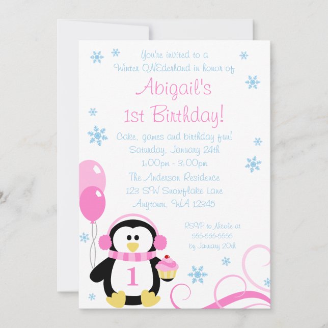 Invitación Torta de pingüino Swirls Invierno Onederland Azul  (Anverso)
