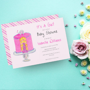 Invitación Torta de sorpresa de bebé elefante rosa acuarela B