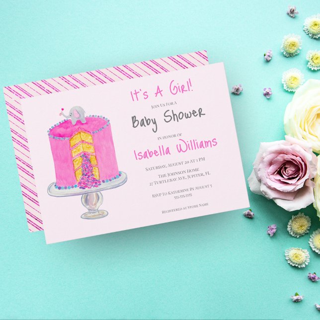 Invitación Torta de sorpresa de bebé elefante rosa acuarela B (Subido por el creador)