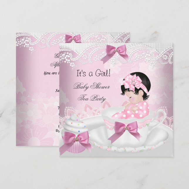 Invitación Torta de té para bebé rosado Chica de Baby Shower (Anverso / Reverso)