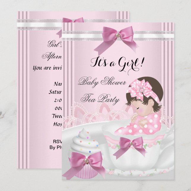 Invitación Torta de té para bebé rosado Chica de Baby Shower  (Anverso / Reverso)