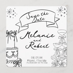 Invitación Torta de Vino Blanco y Negro Dibujos Caprichosos