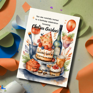 Invitación Torta de vino de cumpleaños con acuarela de comida