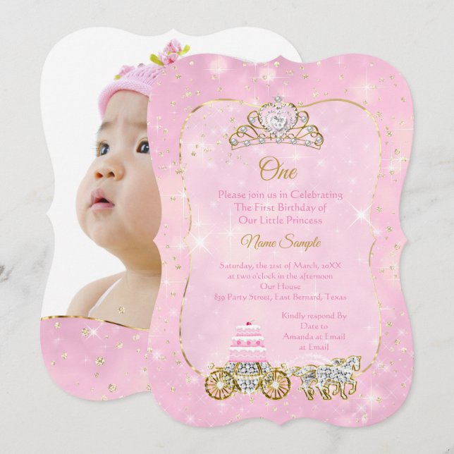 Invitación Torta del Carruaje Rosa de Cenicienta para Fiesta  (Anverso / Reverso)
