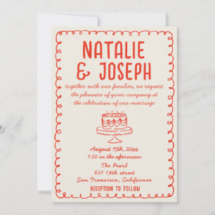 Invitación Torta Dibujada a Mano Retro Divertida Única Boda