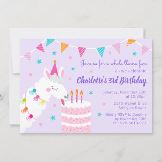 Invitación Torta divertida de Llama entera 3er cumpleaños púr