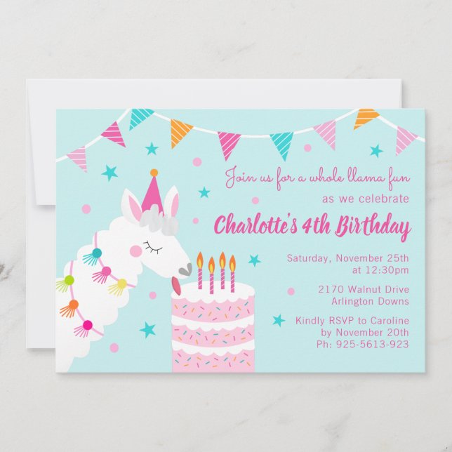 Invitación Torta divertida de Llama entera para el cuarto cum (Anverso)