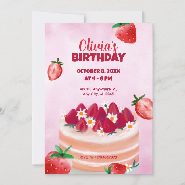 Invitación Torta dulce y cumpleaños de fresas (Anverso)