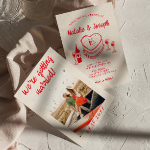 Invitación Torta Extraña Roja Dibujada a Mano Retro Foto Boda