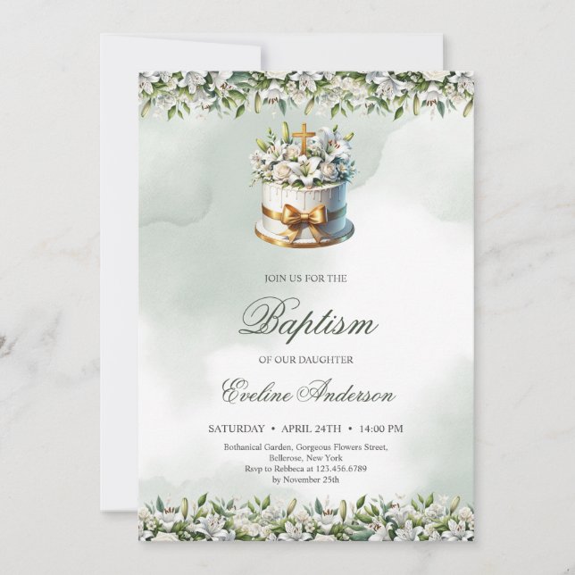 Invitación Torta festiva de moda lirios de oro Baptismo (Anverso)