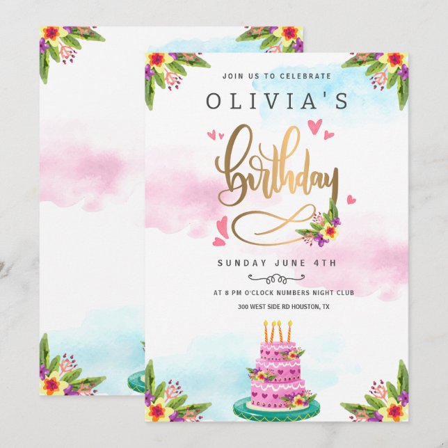 Invitación Torta Floral Acuarela Rosa Cumpleaños  (Anverso / Reverso)