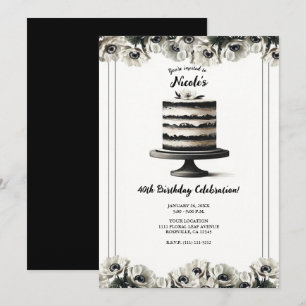 Invitación Torta Floral de Anémonas en Negro y Blanco Fiesta 