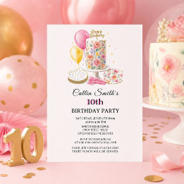 Invitación Torta floral dulce 10 cumpleaños niñas diez niños