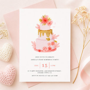 Invitación Torta Floral Rosa Dulce Cumpleaños Niña Bebé
