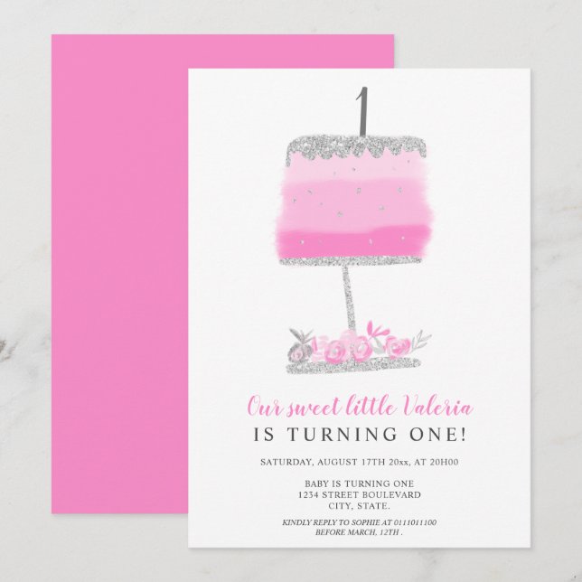 Invitación Torta floral rosa purpurina de plata de primer cum (Anverso / Reverso)