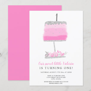 Invitación Torta floral rosa purpurina de plata de primer cum