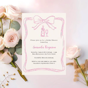 Invitación Torta nupcial de champán crema lazo garabato rosa