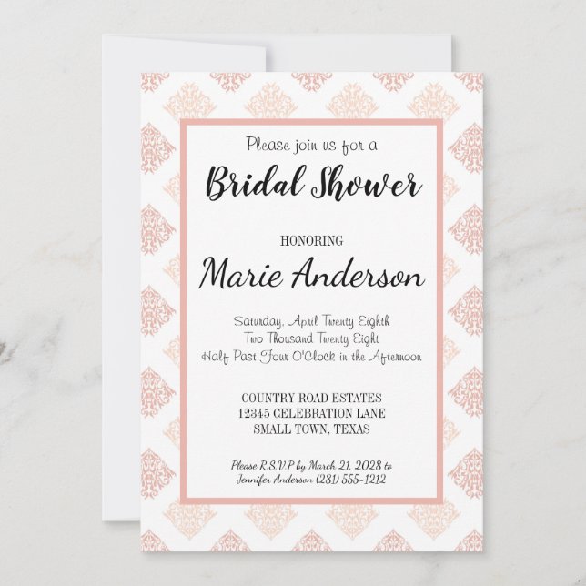 Invitación Torta Nupcial de Damasco Rosa Suave (Anverso)