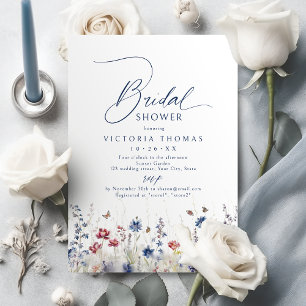 Invitación Torta Nupcial de Flor Silvestre Acuarela Azul Mari