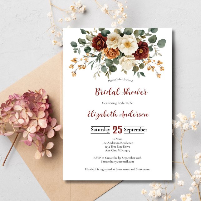 Invitación Torta Nupcial de Flores de Crema y Burdeos (Burgundy Rust and Cream Floral Bridal shower invitation)