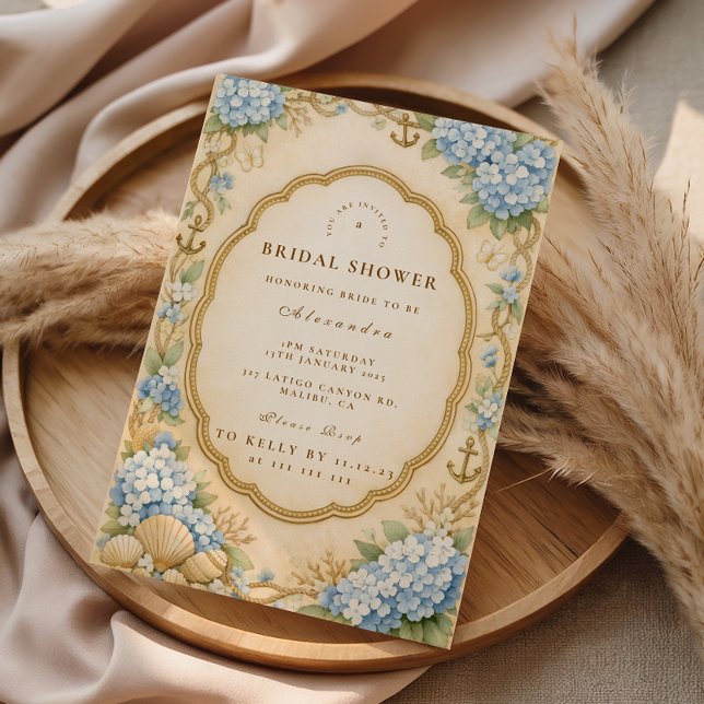 Invitación Torta nupcial de hidrangeas costeras vintage (Subido por el creador)