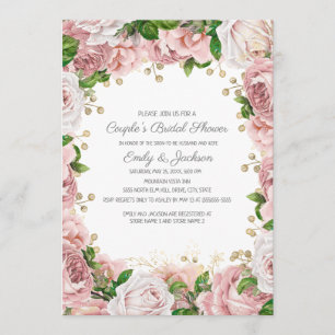 Invitación Torta Nupcial de Pareja Rosa Dorado Floral