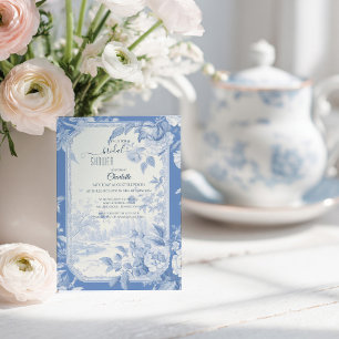 Invitación Torta Nupcial de Toile de Jouy Floral Azul Francés