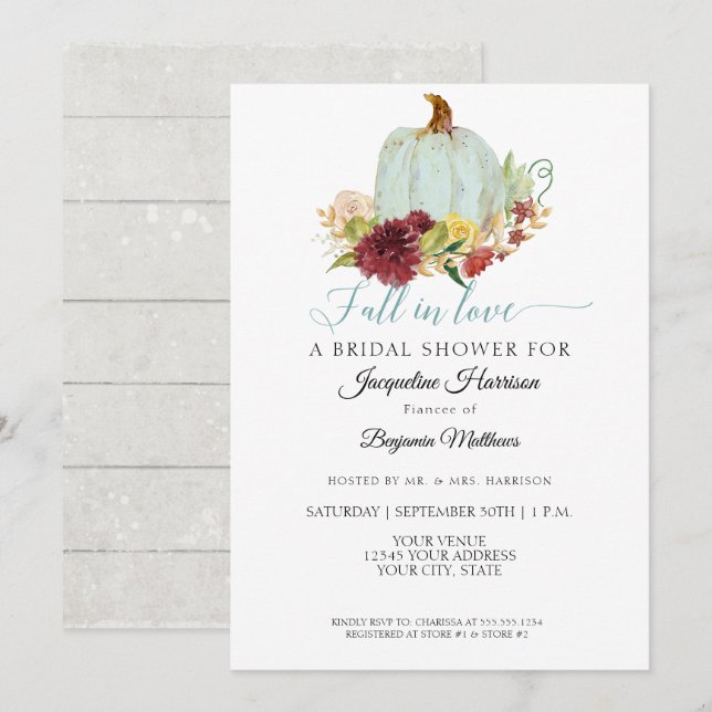 Invitación Torta nupcial floral rústica de calabaza azul burg (Anverso / Reverso)