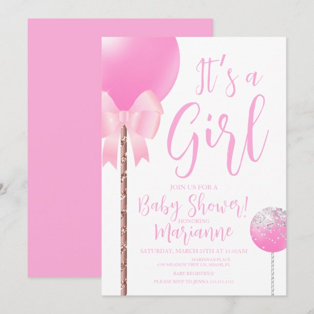 Invitación Torta Pop Rosa Bebé Niña Cumpleaños    (Anverso / Reverso)