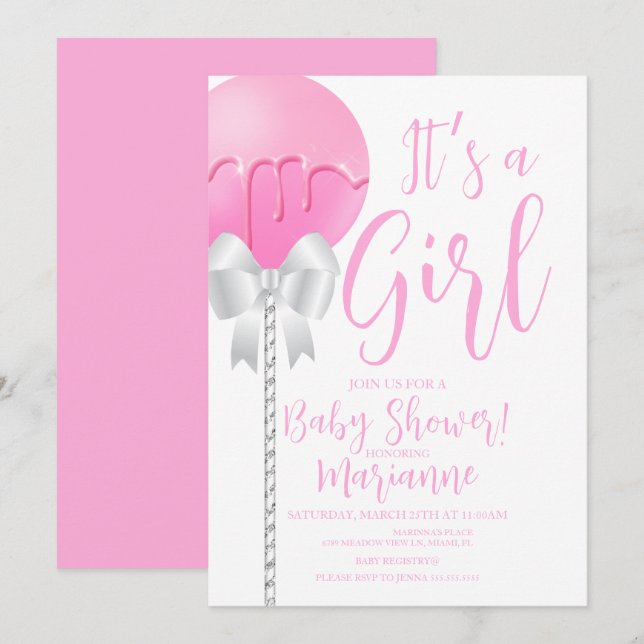Invitación Torta Pop Rosa Niña Cumple Bebé    (Anverso / Reverso)