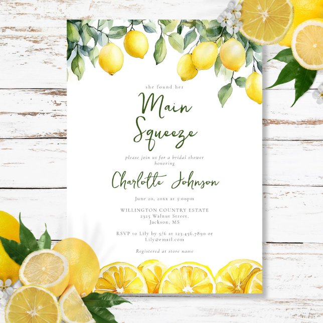 Invitación Torta Principal Aguarela Moderna Desayuno de Novia (Main Squeeze Modern Watercolor Lemon Bridal Shower Invitation)