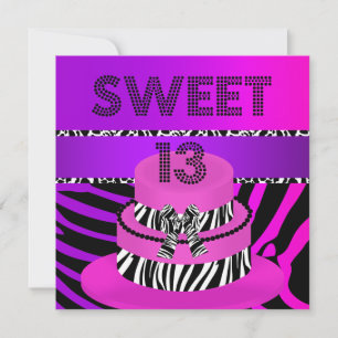 Invitación Torta púrpura rosa cebra cumpleaños dulce 13 13º