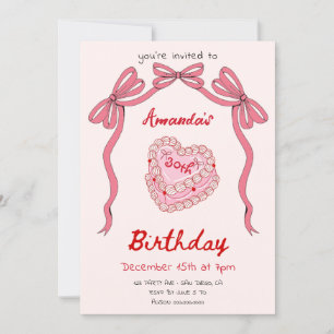 Invitación Torta Retro Rosa y Coquette Cumpleaños con Lazo
