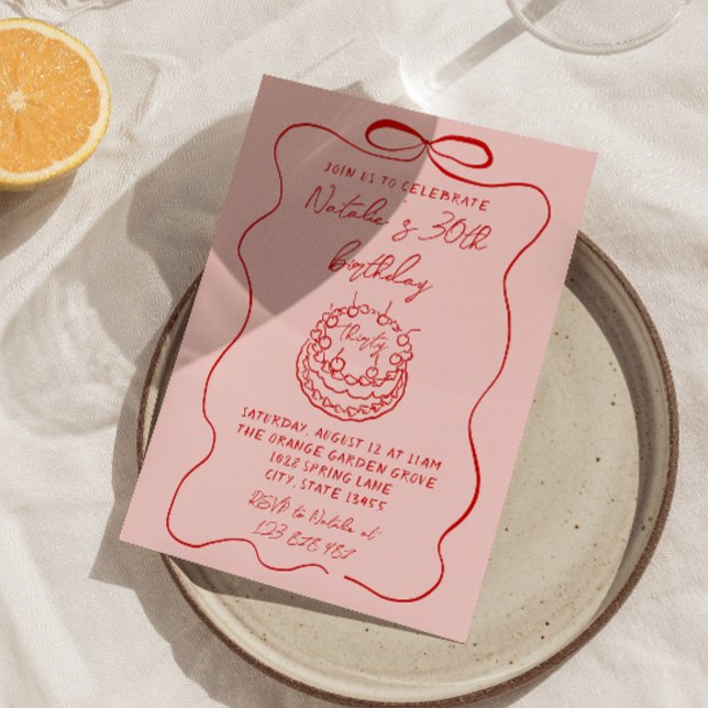 Invitación Torta roja de color rosa con la mano roja Quirky C (Subido por el creador)