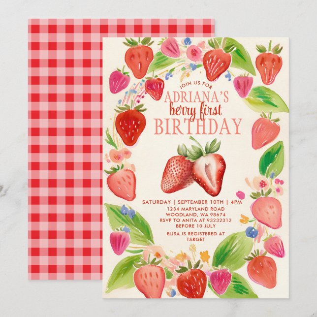 Invitación Torta roja Gingham Berry Sweet Birthday (Anverso / Reverso)