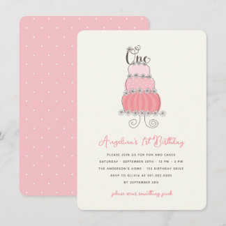 Invitación Torta Rosa Caprichosa Cumpleaños Bebé Niña 1er Cum