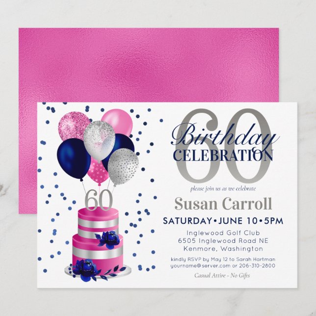 Invitación Torta rosa de cumpleaños número 60  (Anverso / Reverso)