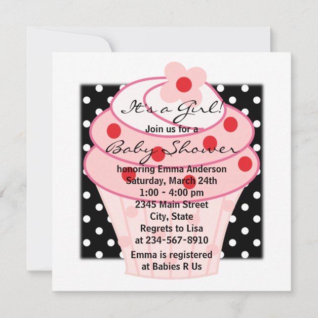 Invitación Torta rosa pastel rosa Polka negro Baby Shower (Anverso)