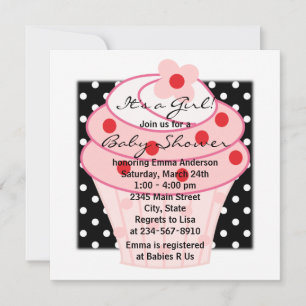 Invitación Torta rosa pastel rosa Polka negro Baby Shower